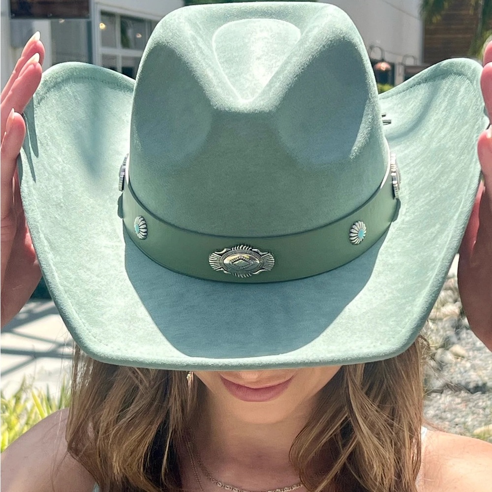 Casey Faux Green Suede Cowboy Hat With Concho Band - Picture 2 of 4